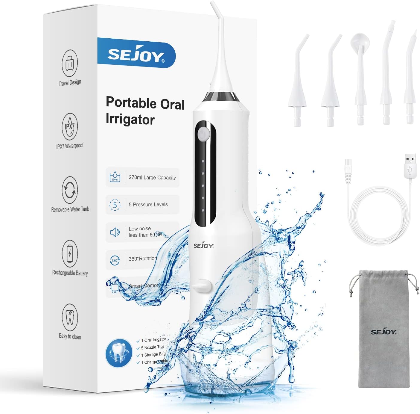 Sejoy Cordless Water Flosser Dental Cleaner, USB Rechargeable Oral Rinse, 5 Modes 5 Nozzles, White