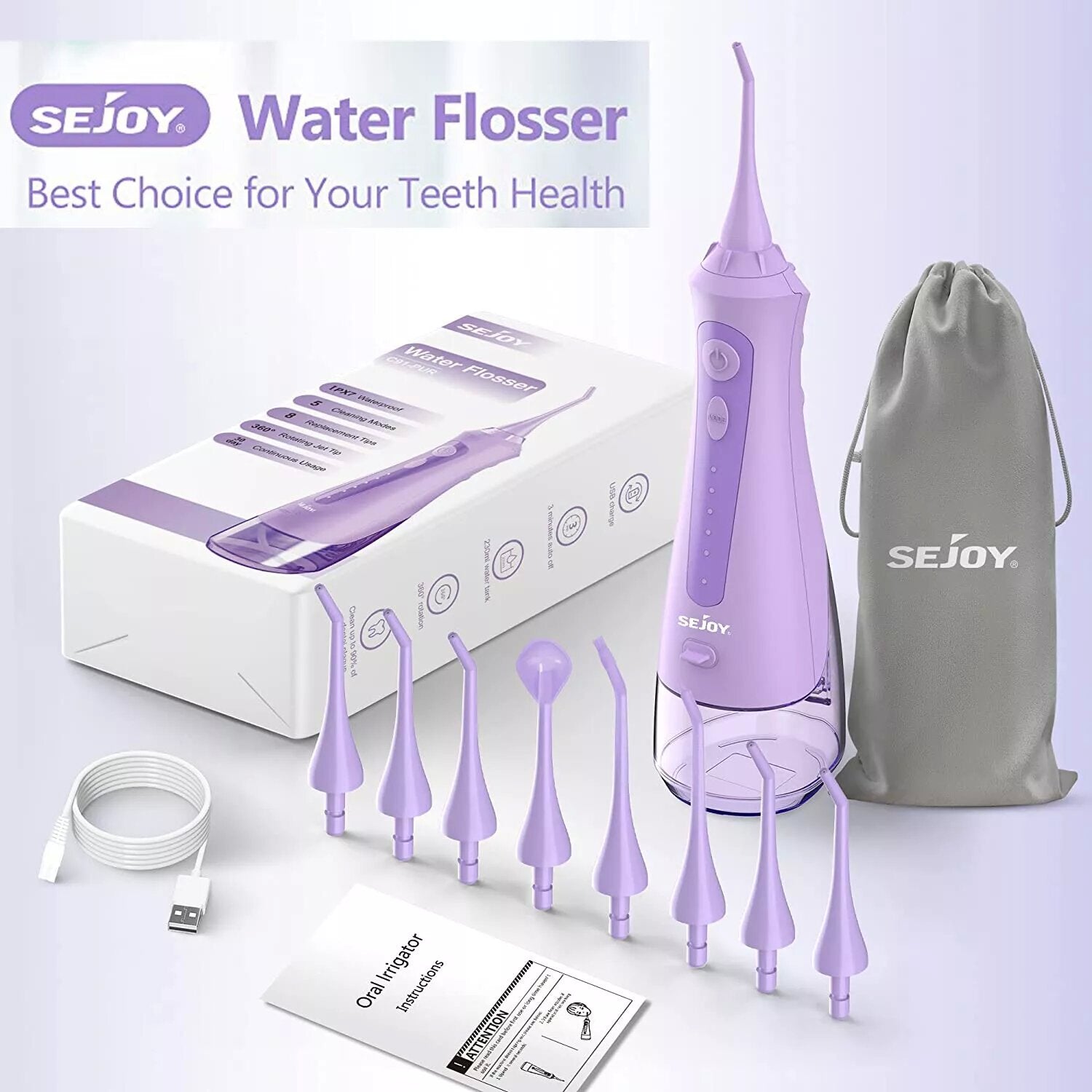 SEJOY Water Flosser Cordless Dental Oral Rinse Pick Teeth Cleaner 8 Nozzles