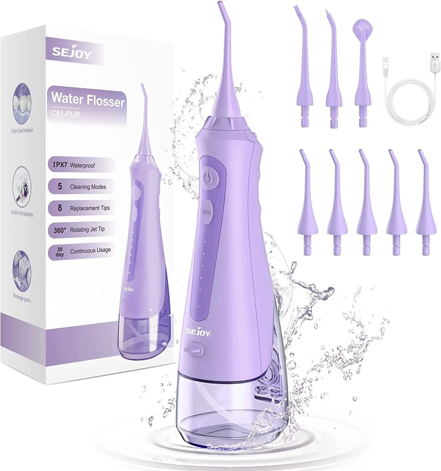 SEJOY Water Flosser Cordless Dental Oral Rinse Pick Teeth Cleaner 8 Nozzles