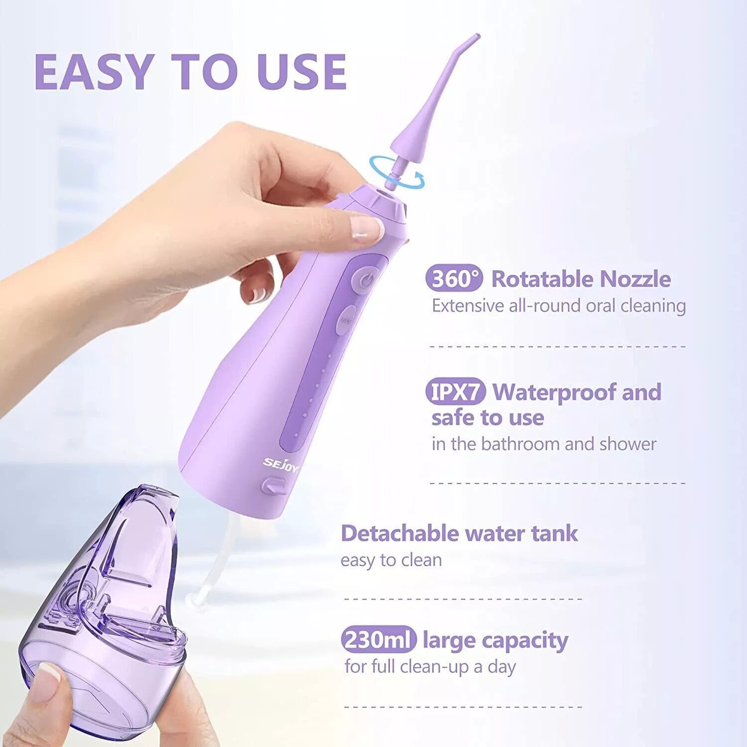 SEJOY Water Flosser Cordless Dental Oral Rinse Pick Teeth Cleaner 8 Nozzles