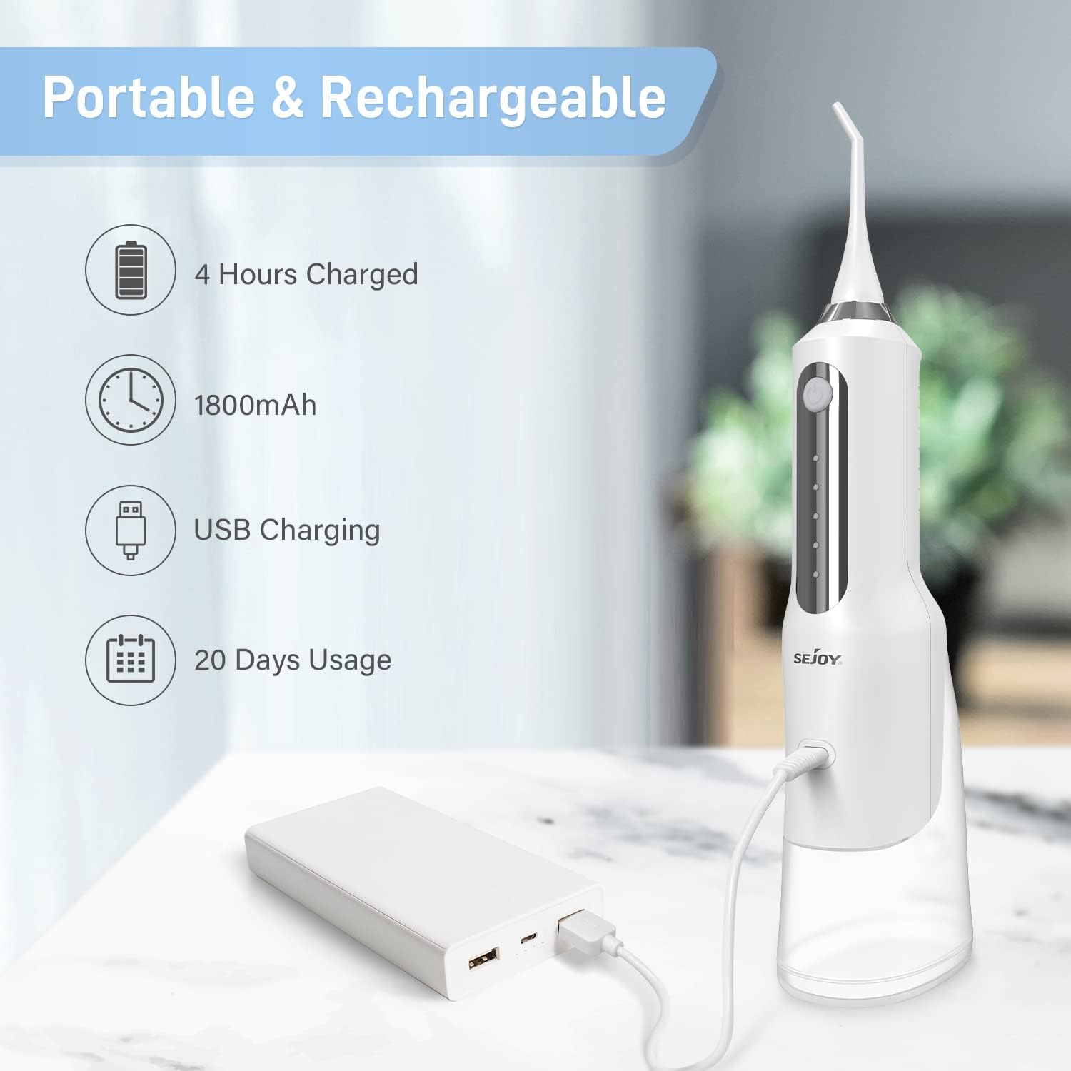 Sejoy Cordless Water Flosser Dental Cleaner, USB Rechargeable Oral Rinse, 5 Modes 5 Nozzles, White