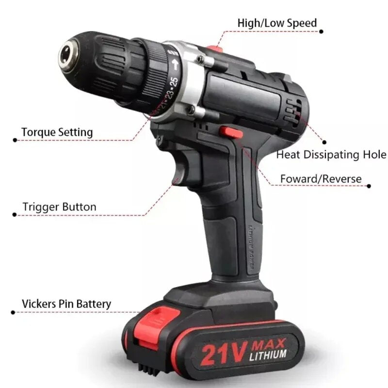 Brushed Impact Drill Mini Cordless Drill 21V Lithium Battery Cordless Drill Household Tools