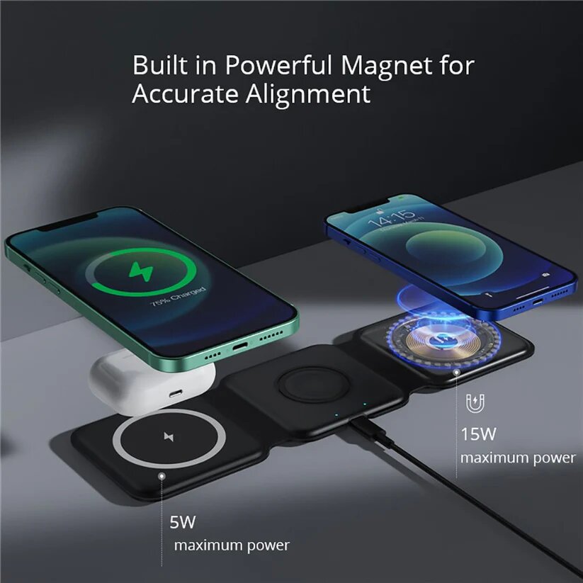 3-in-1 Folding Wireless Charger Travel Phone Charger Magnetic Stand