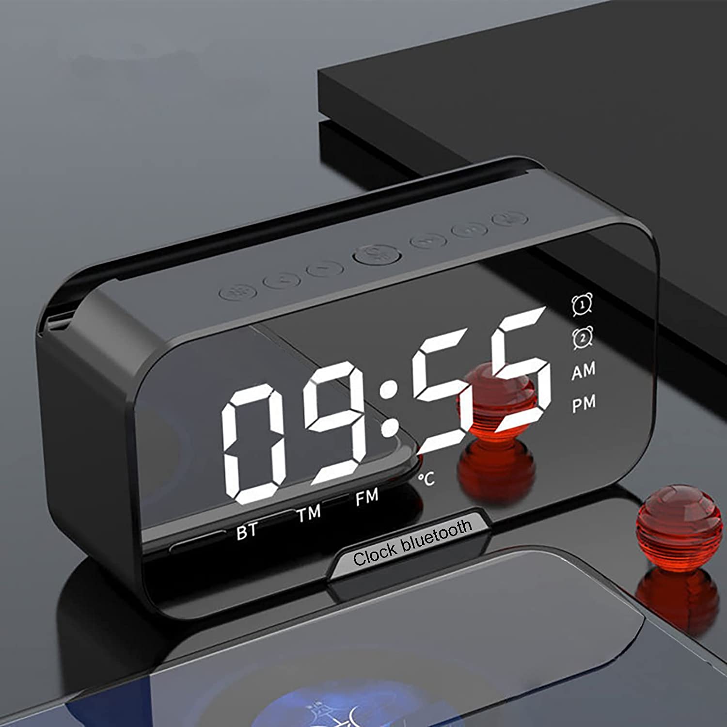 New mirror clock alarm clock Bluetooth small speaker cell phone bracket voice FM desktop alarm clock sound can show temperature