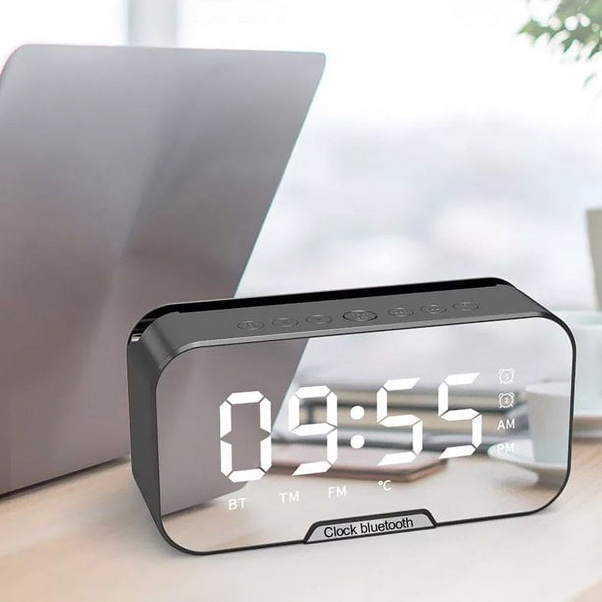 New mirror clock alarm clock Bluetooth small speaker cell phone bracket voice FM desktop alarm clock sound can show temperature