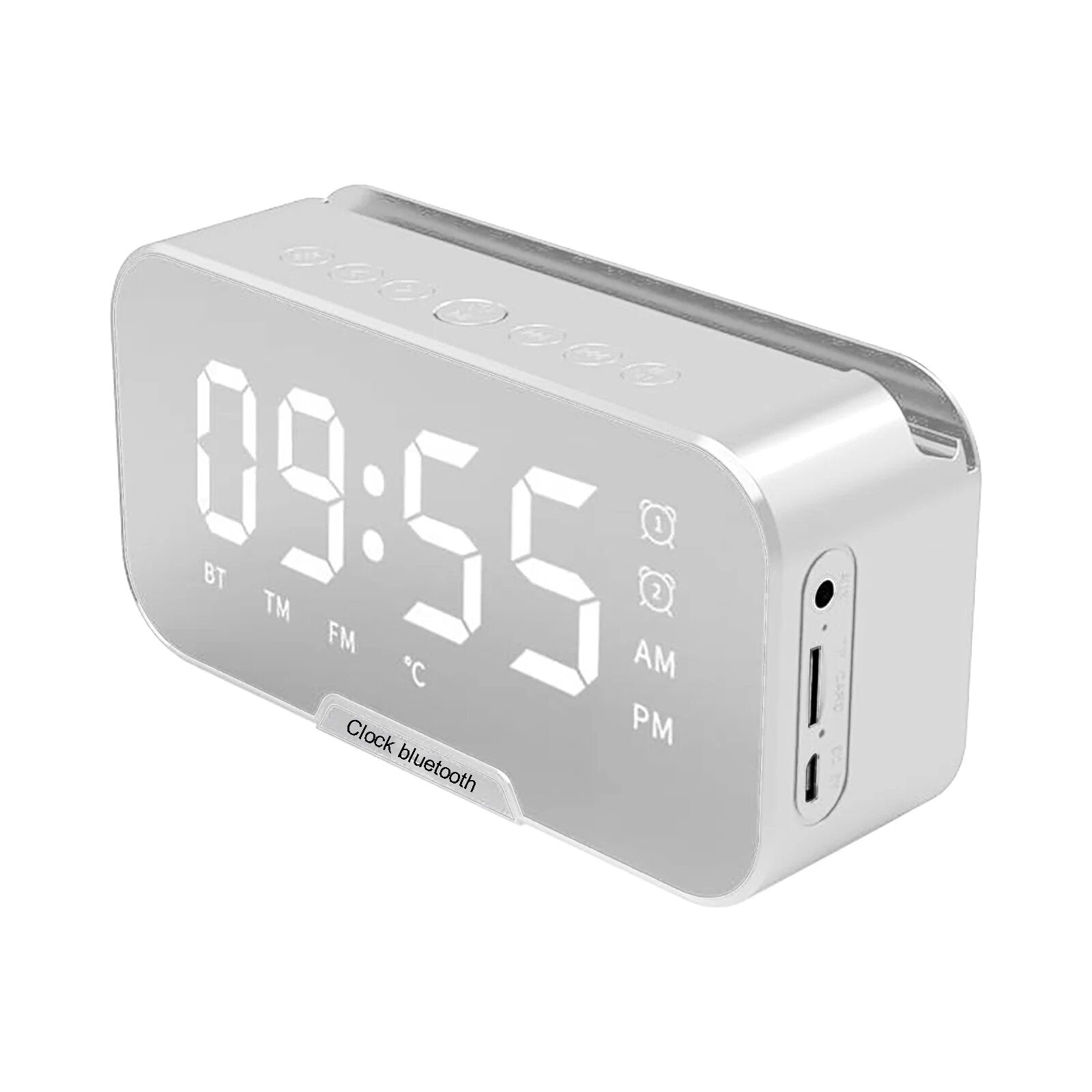 New mirror clock alarm clock Bluetooth small speaker cell phone bracket voice FM desktop alarm clock sound can show temperature