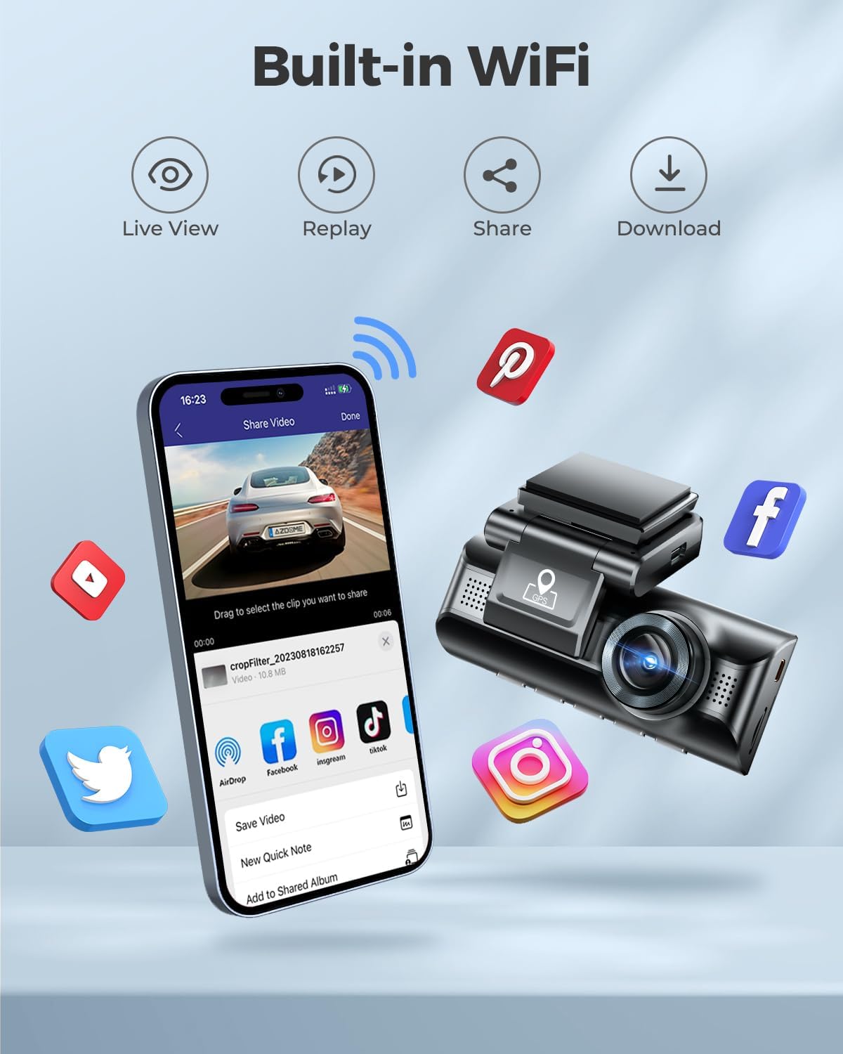 AZDOME M550 3-Channel Car Recorder, 4K+1080P Car Dual Driving Recorder, Built-in WiFi GPS, 1440P+1080P+1080P Front & Rear Built-in, Includes 64GB Card, 3.19-Inch IPS Screen, WDR, IR Night Vision, Parking Mode