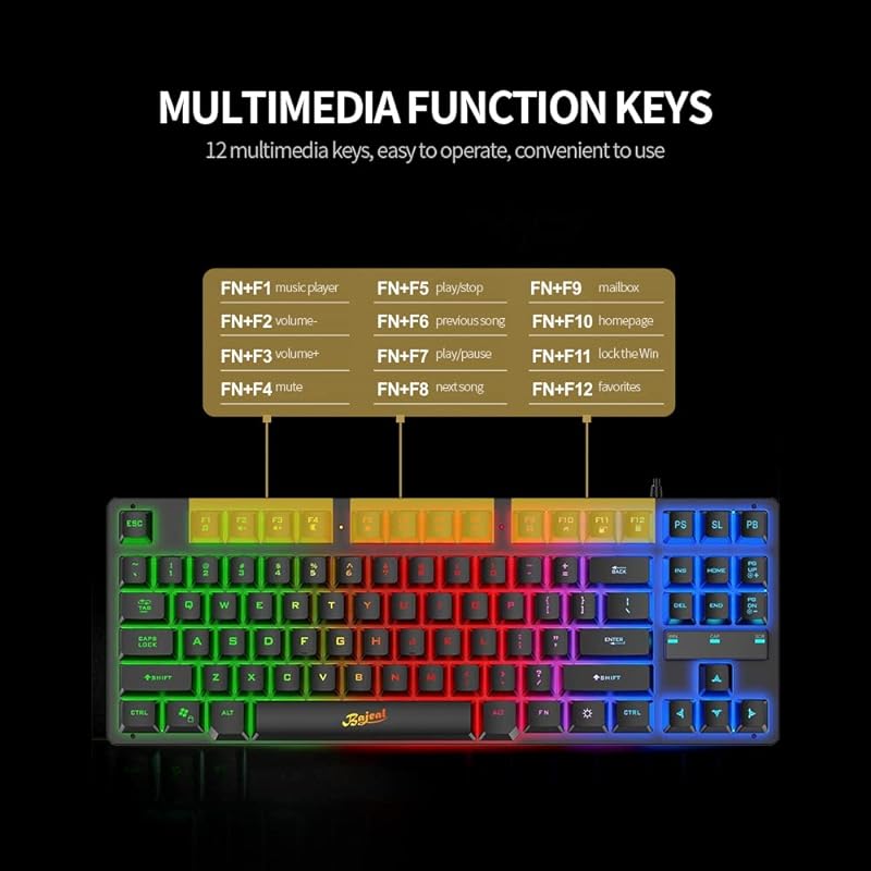 Wired Keyboard 87 Keys Mechanical Feeling Rainbow Switching Illuminated Hovering Keycaps Gaming Office