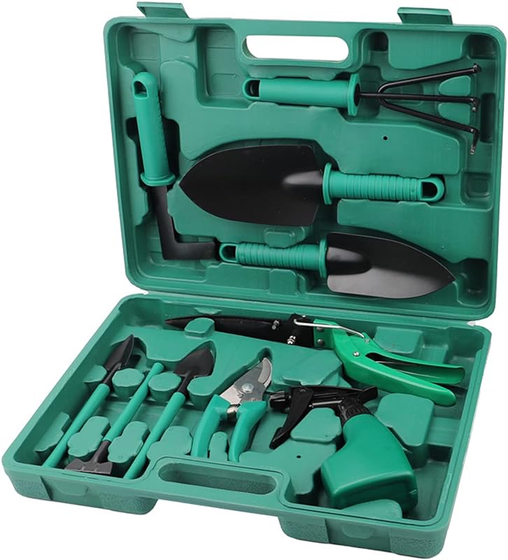 10 Piece Garden Tool Set with Storage Box Gardening Tool Kit Trowel Spatula Transplanter Hand Rake Garden Sprayer Weeder Pruning Shears