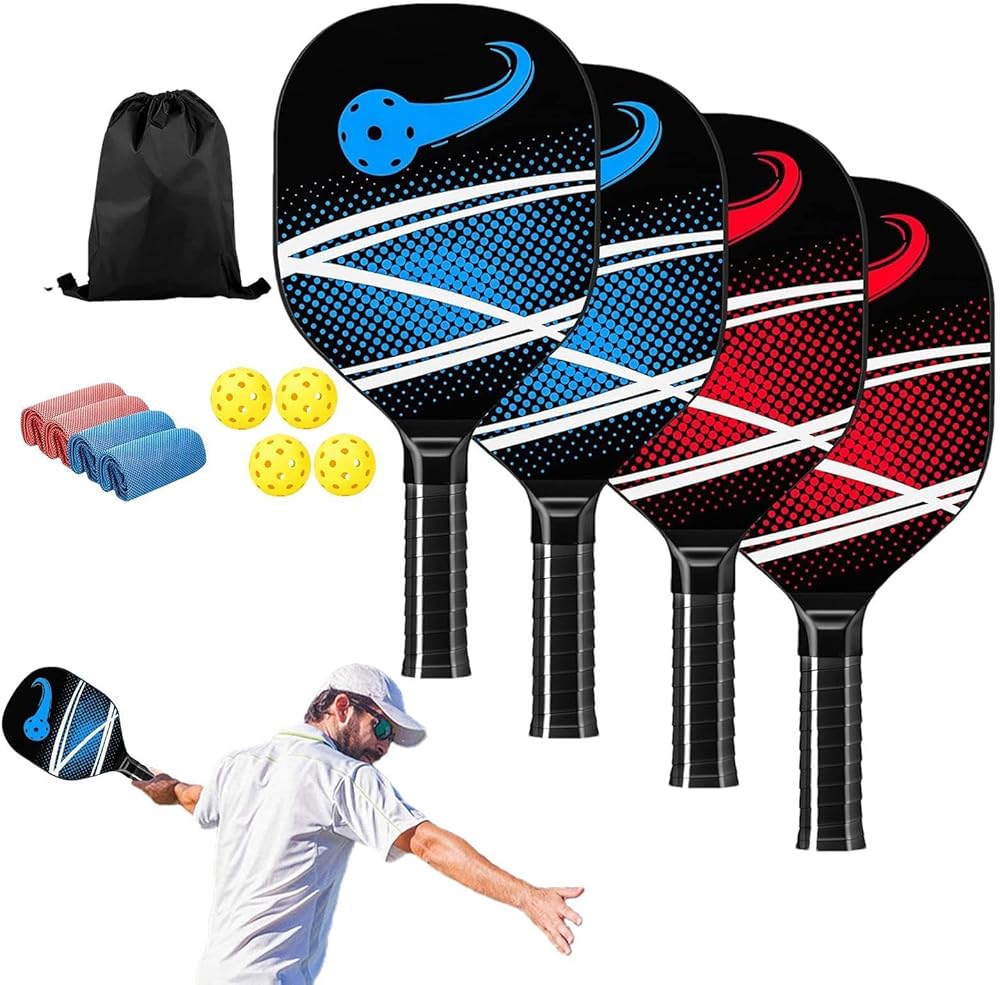 Non-Slip Pickleball Paddles wood pique racket outdoor sports 4 Paddles + 4 Balls