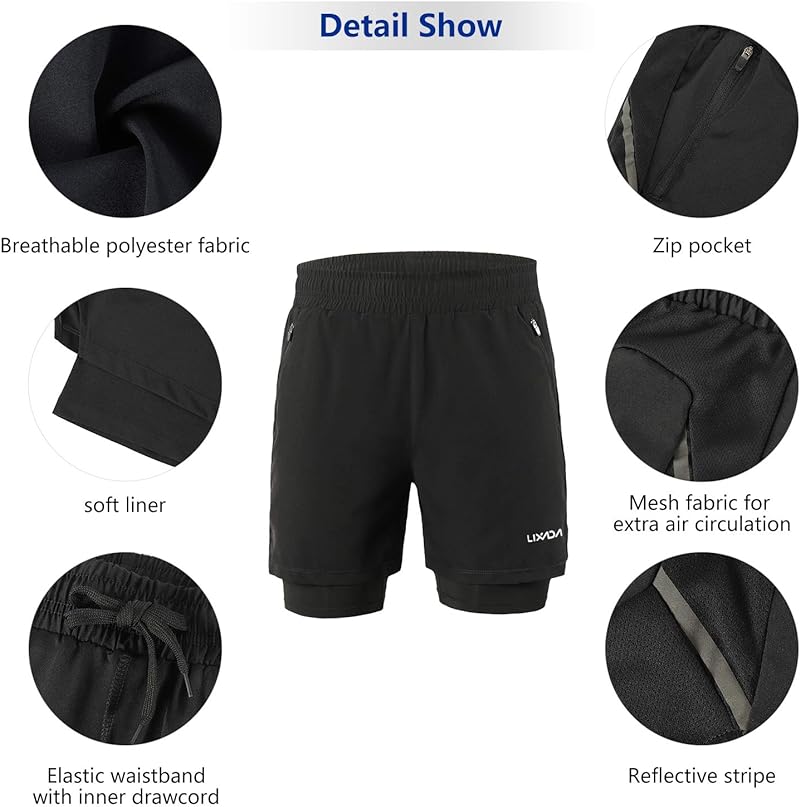 Lixada Mens 2 in 1 Running Cycling Shorts Quick Dry Summer Jogging Breathable Training Sports Running Marathon