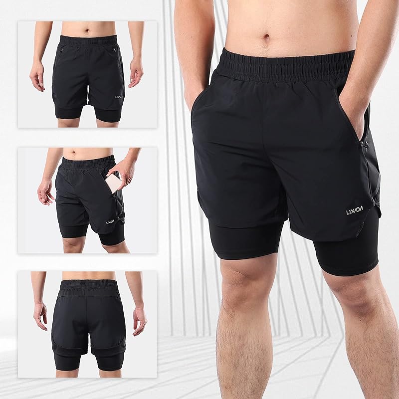 Lixada Mens 2 in 1 Running Cycling Shorts Quick Dry Summer Jogging Breathable Training Sports Running Marathon