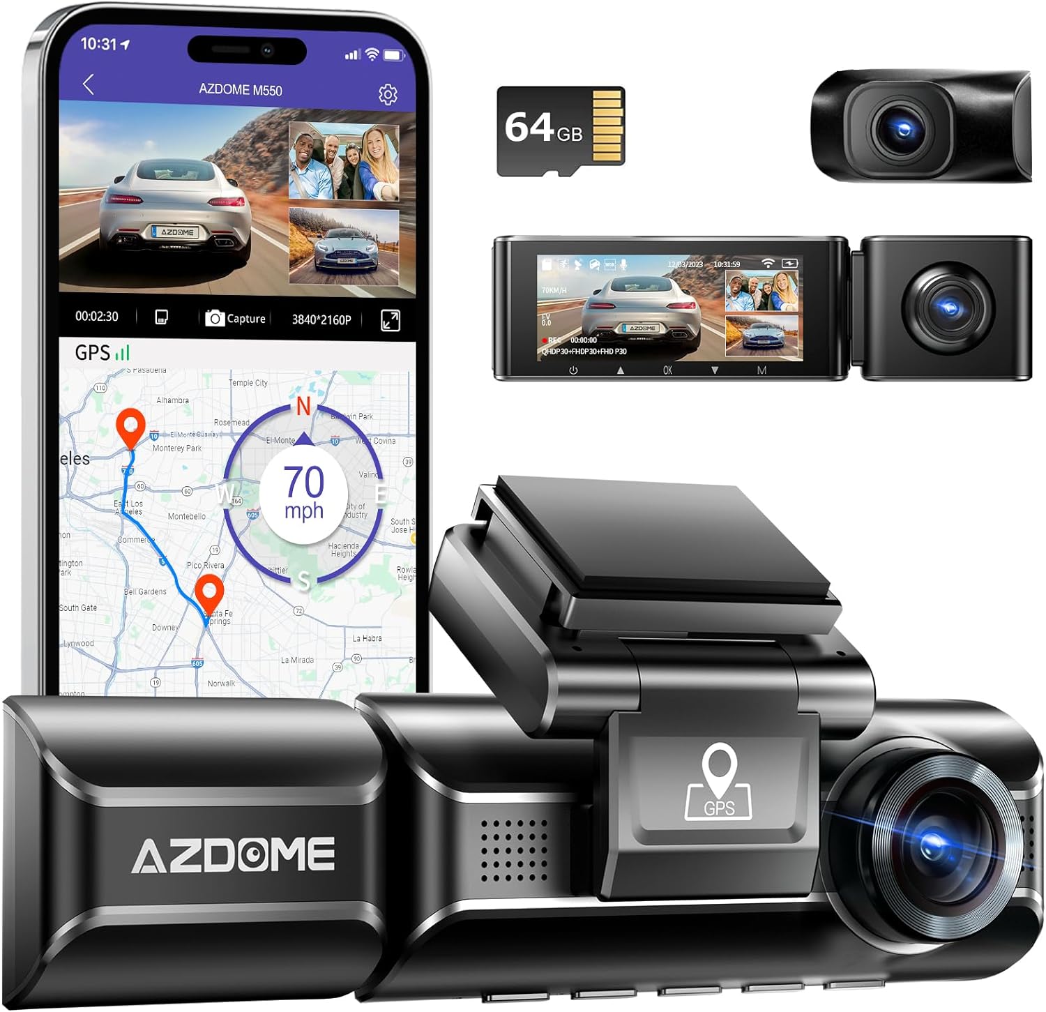 AZDOME M550 3-Channel Car Recorder, 4K+1080P Car Dual Driving Recorder, Built-in WiFi GPS, 1440P+1080P+1080P Front & Rear Built-in, Includes 64GB Card, 3.19-Inch IPS Screen, WDR, IR Night Vision, Parking Mode