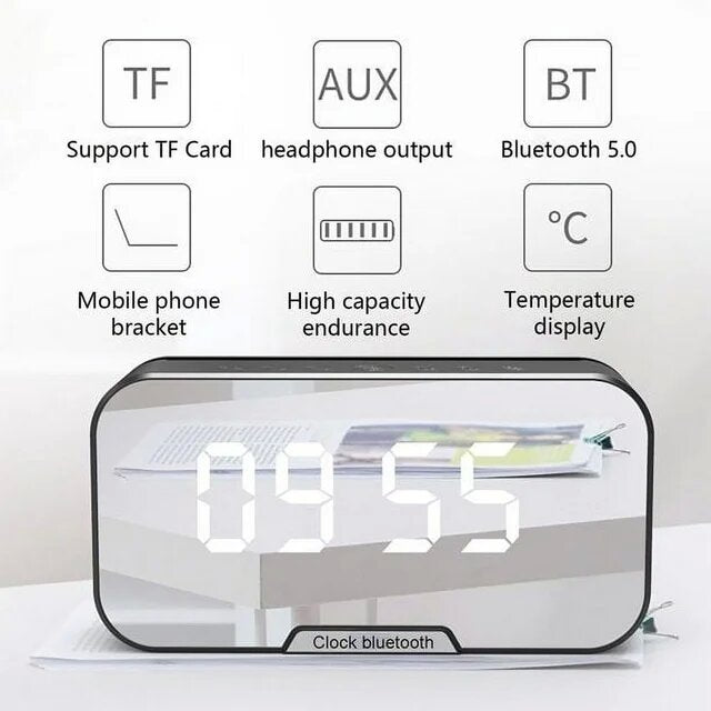 New mirror clock alarm clock Bluetooth small speaker cell phone bracket voice FM desktop alarm clock sound can show temperature