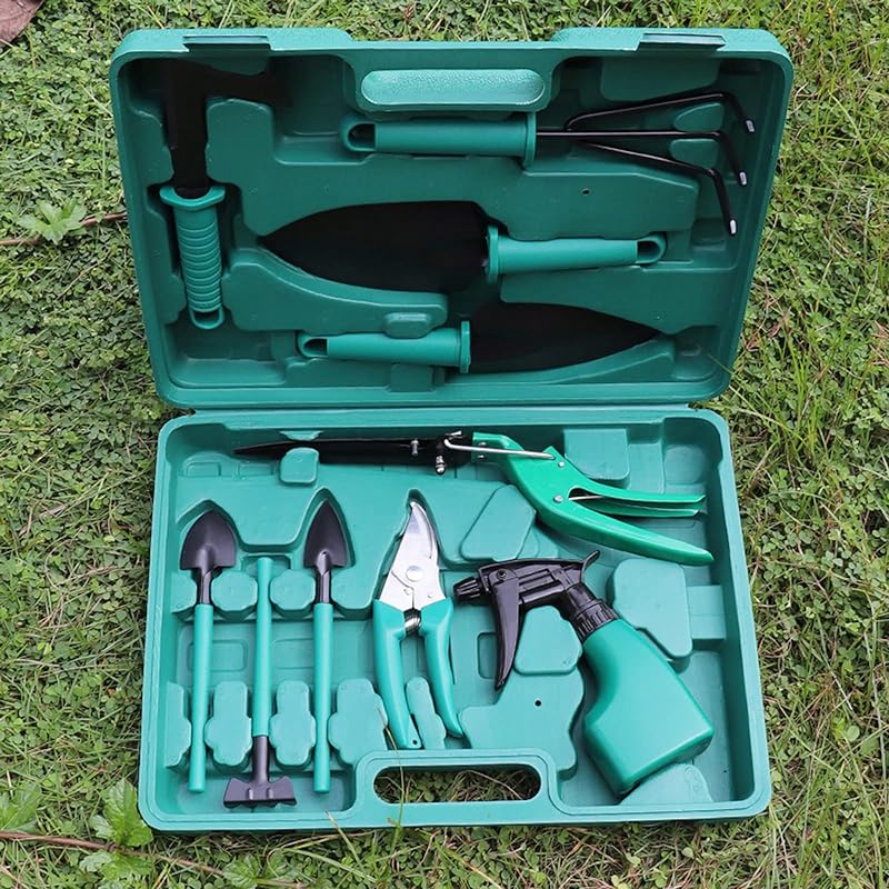 10 Piece Garden Tool Set with Storage Box Gardening Tool Kit Trowel Spatula Transplanter Hand Rake Garden Sprayer Weeder Pruning Shears