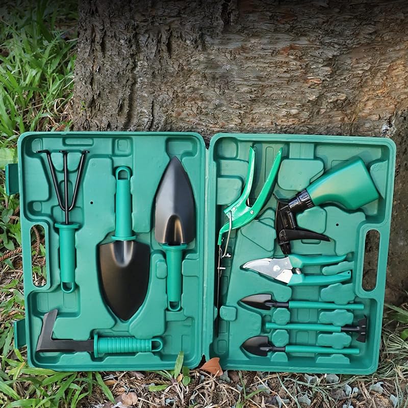 10 Piece Garden Tool Set with Storage Box Gardening Tool Kit Trowel Spatula Transplanter Hand Rake Garden Sprayer Weeder Pruning Shears