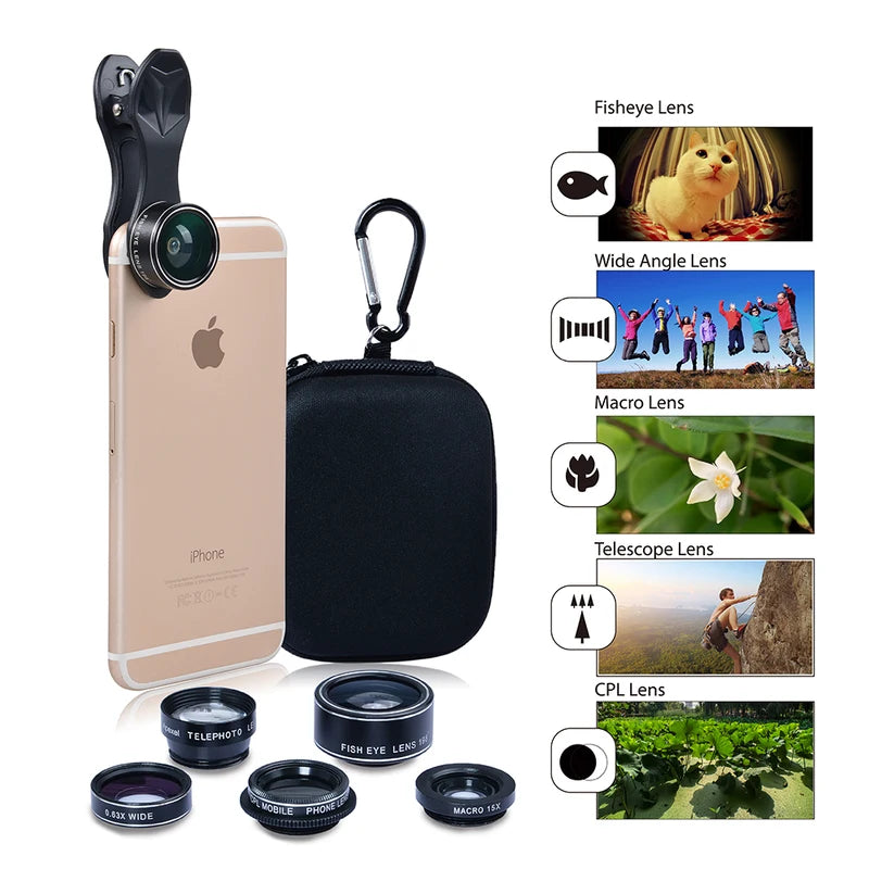 Cell Phone Lens Fisheye Wide Angle Macro Booster Polarizing 5-in-1 Kit Universal External