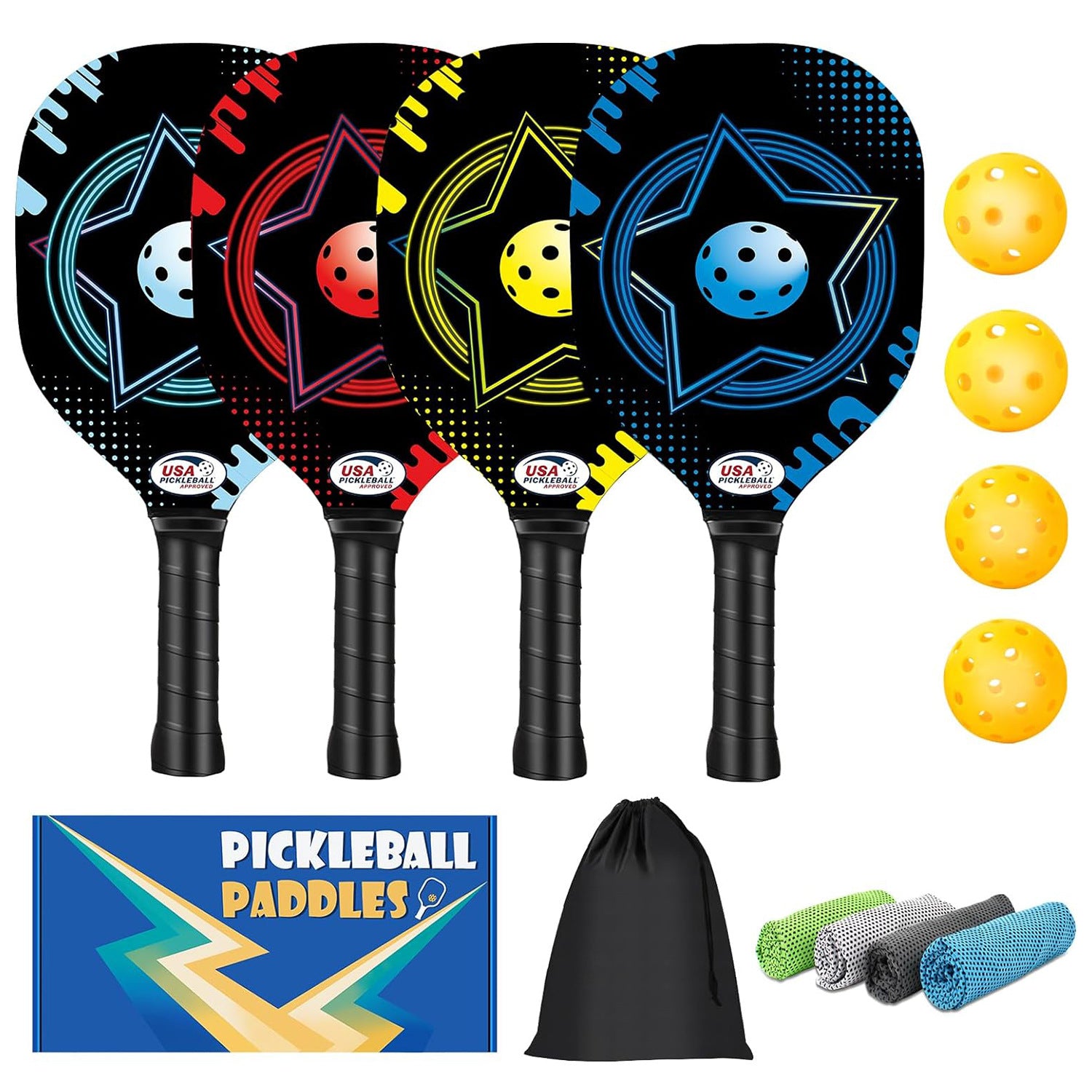 Non-Slip Pickleball Paddles wood pique racket outdoor sports 4 Paddles + 4 Balls