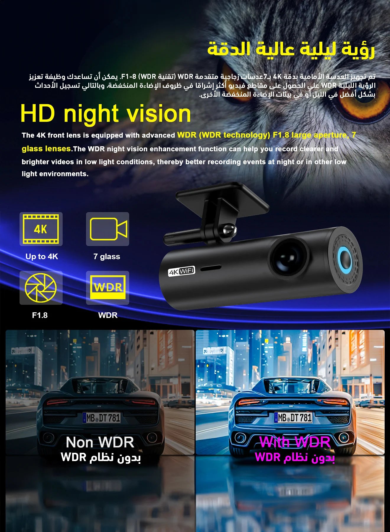 Front and Rear Car Recorder, 64GB Memory, High Quality Night Vision